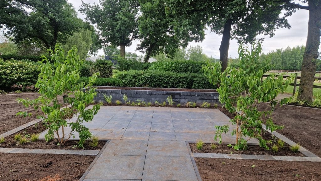 Keramisch terras met jonge fruitbomen en verhoogde border met patioblokken in aanbouw