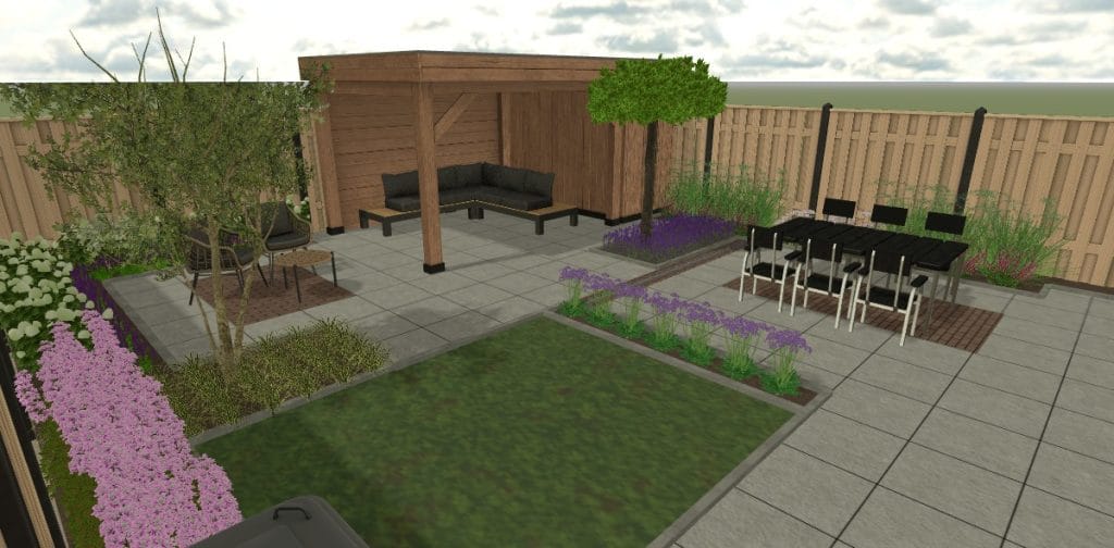 3D ontwerp achtertuin Enschede met terrassen, gazon en overkapping
