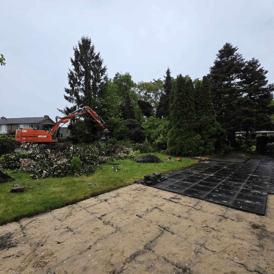 Kraan rooit de oude bomen en struiken in de tuin in Tubbergen